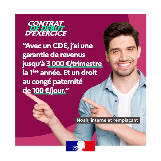 Contrat de début d'exercice. "Avec un CDE, j'ai une garantie de revenus jusqu'à 3000 euros par trimestre la 1ère année. Et un droit au congé paternité de 100 euros par jour". Noah, interne et remplaçant